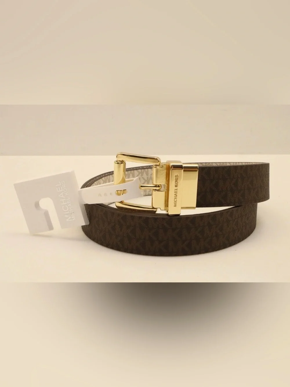 Michael Kors Reversible Logo Belt in Brown and Beige with Gold Buckle